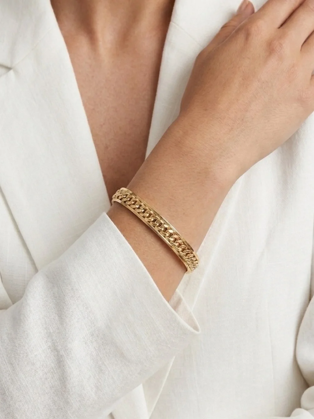 14K Gold Plated Cuff Bracelet with Cuban Link Detail | Minimalist Gold Bangle